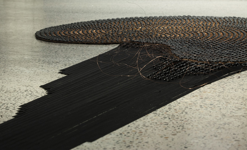 Detail of Alan Turing from ‘Alan and Ada’, cedar, copper, grosgrain ribbon, acrylic